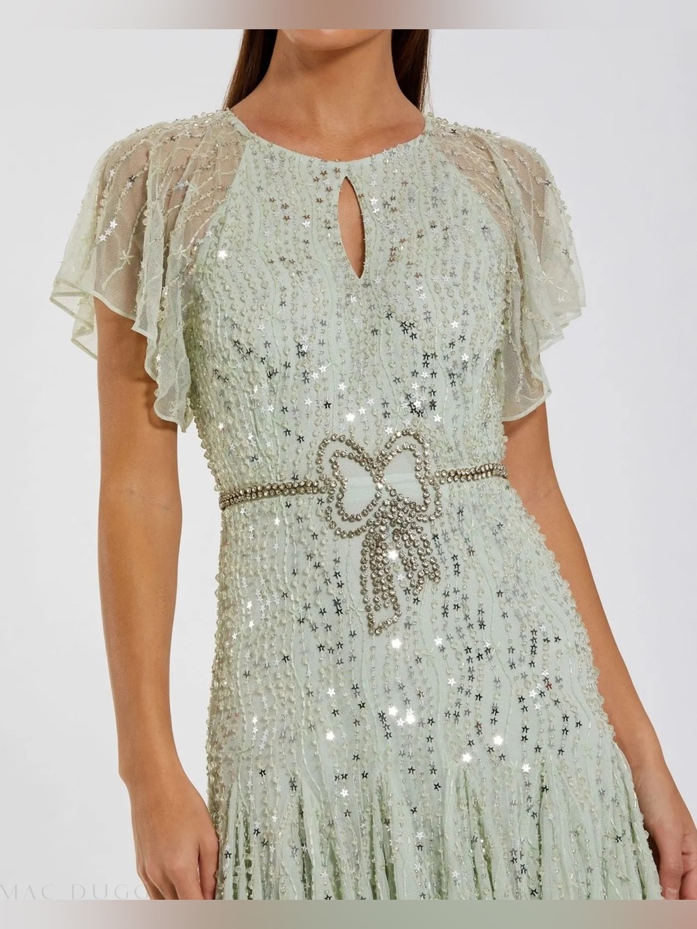 Mac Duggal Mint Green Sequin Midi Dress with Beaded Bow - STUNNING